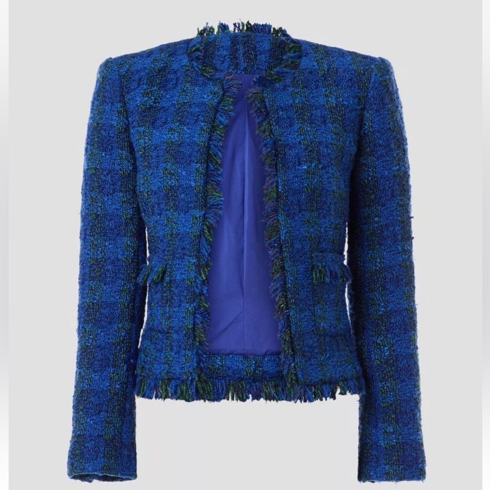 L’ Agence  ANGELINA  Blue Green Plaid Crop BLAZER Frayed Trim Tweed 4